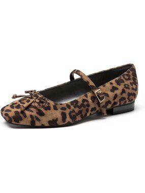 Women's Mary Jane Flats Square Leopard Toe Ballet Flats Shoes with Buckle Strap